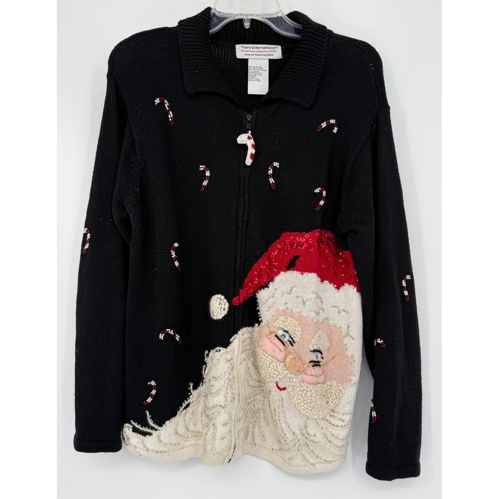 Tiara International Christmas Santa Knit Cardigan Zip Ugly Sweater Kitschy Beade